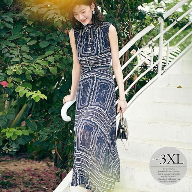 ワンピース プリント柄 抽象柄 ノースリーブ ロングワンピース クラシカル 細見え 可愛い 美人 女子会 シンプル 女子旅 母親 ガーリー Tamoionet Com Br