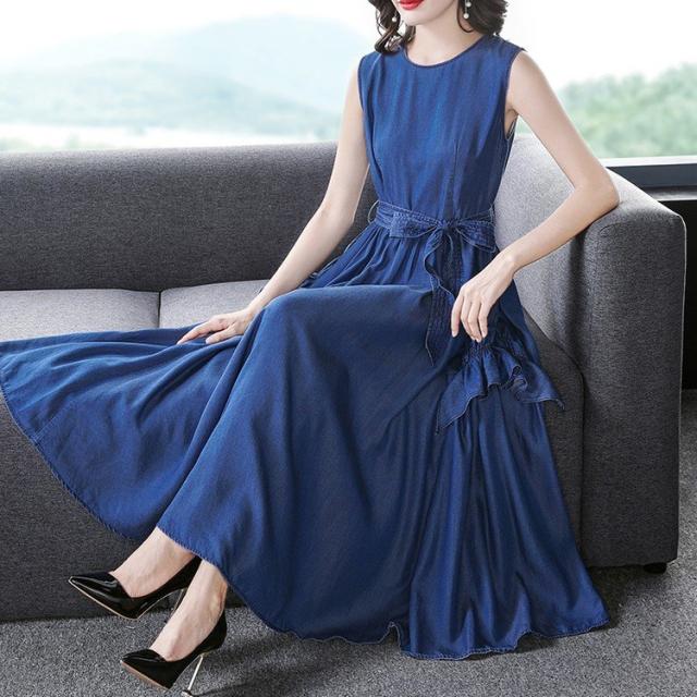 在庫処分特価 夏 ワンピース ノースリーブ テンセル デニム デニムワンピース 薄手 お洒落 綺麗め ロングワンピース ロング丈 新作 値段 Www Themint Studio Com