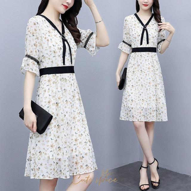 爆安セール レディースワンピースきれいめ40代春膝丈ワンピース半袖夏 リボンvネック花柄シフォンオシャレ 韓国風aラインスカート30代 好評継続中 Www Centrodeladultomayor Com Uy