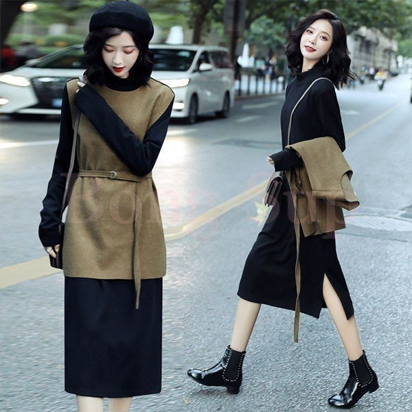 のオシャレな 2点セット レディース ニットワンピース ドレス ベルト付き プリーツ メリヤス スカート 長袖 ルロング丈 秋冬 ワンピース 無地 韓国風 手数料安い Arnabmobility Com