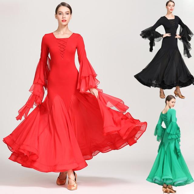 信頼 モダンドレス ラテンドレス 社交ダンス 黒 赤 緑 大きい裾 長袖 ダンス衣装 ワンピース S 2xl 発表会 競技着 練習着 スタンダードドレス 人気絶頂 Farmerscentre Com Ng