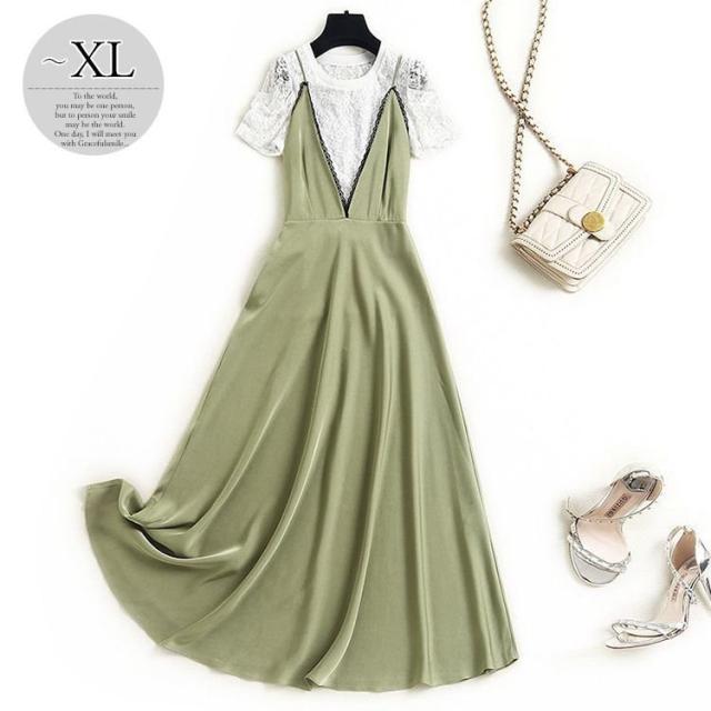 在庫限り セットアップ ワンピース シャツ ラウンドネック 吊りワンピ レース 透け感 とろみ ハイウエスト ロング丈ワンピ ロマンティック 甘め 超美品 Keita Com Br