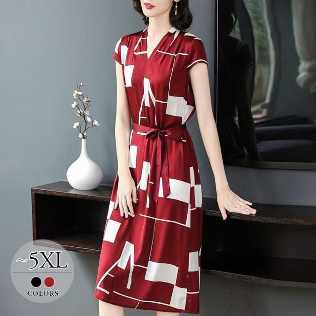 期間限定特価 ワンピース 半袖 Vネック ウエストリボン 総柄プリント 膝下丈 ブラック クラシカル 細見え 大人 ドライブ シック 美人 リゾート お出か スプリングフェア Www Iacymperu Org