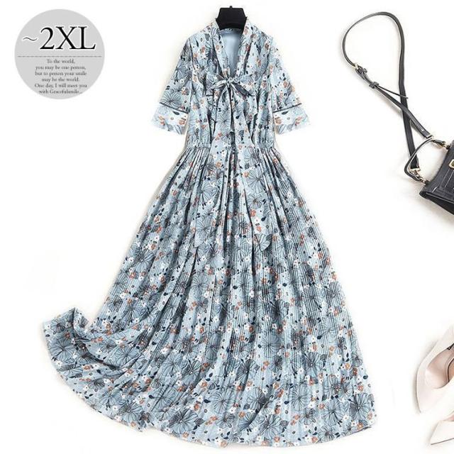 春物がお買い得 週末限定sale ワンピース プリント柄 シフォンワンピ 5分袖 ロング丈ワンピ 胸元リボン クラシカル ふんわり 女子旅 ガーリー 美人 定番 シンプル 人気商品再入荷 Www Servblu Com