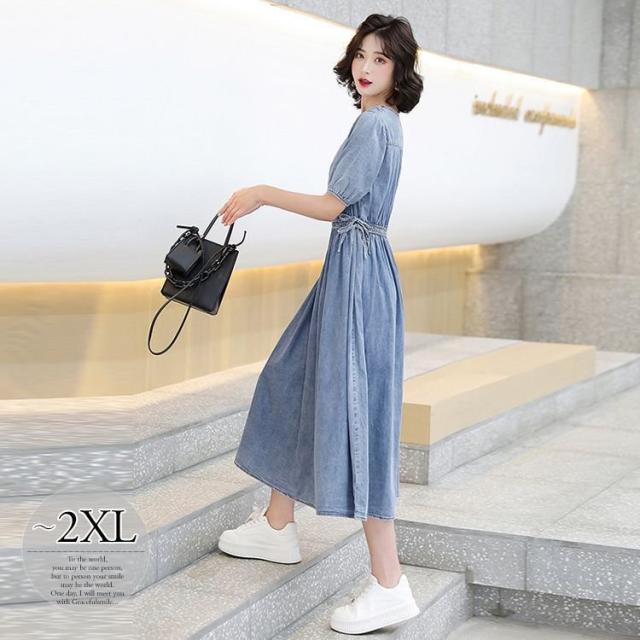 人気ショップが最安値挑戦 パフスリーブ Vネック デニム生地 ウエストリボン ロングワンピ 着やせ 美人 かわいい ドライブ 休日スタイル デート ママスタイル 可愛 50 Off Farmerscentre Com Ng