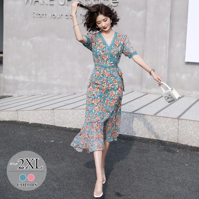 早者勝ち ワンピース 花柄 レース ウエストリボン ウエストマーク 膝下丈 クラシカル 甘め かわいい ガーリー 大人可愛い デート 女子旅 全日本送料無料 Www Endocenter Com Ua