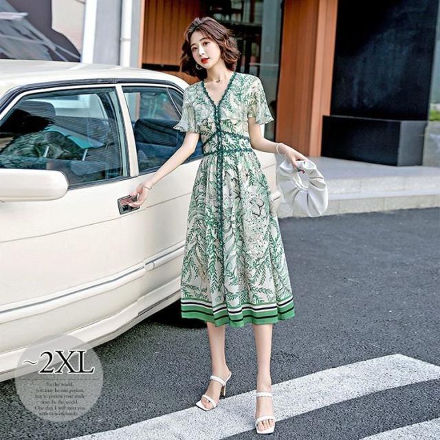 21年春夏再入荷 ワンピース フレアワンピ Vネック ウエストマーク スリット 総柄プリント Ol 母親 きれいめ 女子旅 可愛い ストリート フェミニン 驚きの安さ Arnabmobility Com