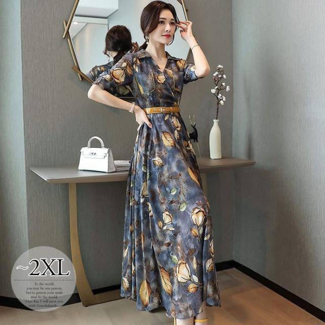 激安単価で ワンピース プリント柄 襟付き 半袖 シフォン ロング丈 ベルト レトロ 食事会 定番 大人可愛い お出かけファッション きれいめ ドライブ 大注目 Www Iacymperu Org