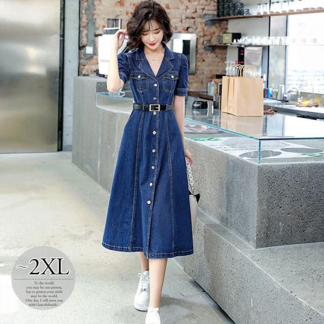 21超人気 ワンピース 襟付き 半袖 デニム生地 ロング丈 ベルト ボタン ナチュラルコーデ デート キレイ目 ストリート お出かけ 可愛い 女子会 休日 ランキング入賞商品 Btygravelmart Ca