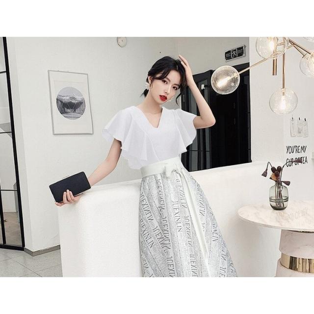 ブランドショッパー付き パーティードレス 安い 可愛い ワンピース ワンピフレア袖 シアー 異素材 ドレス パーティ