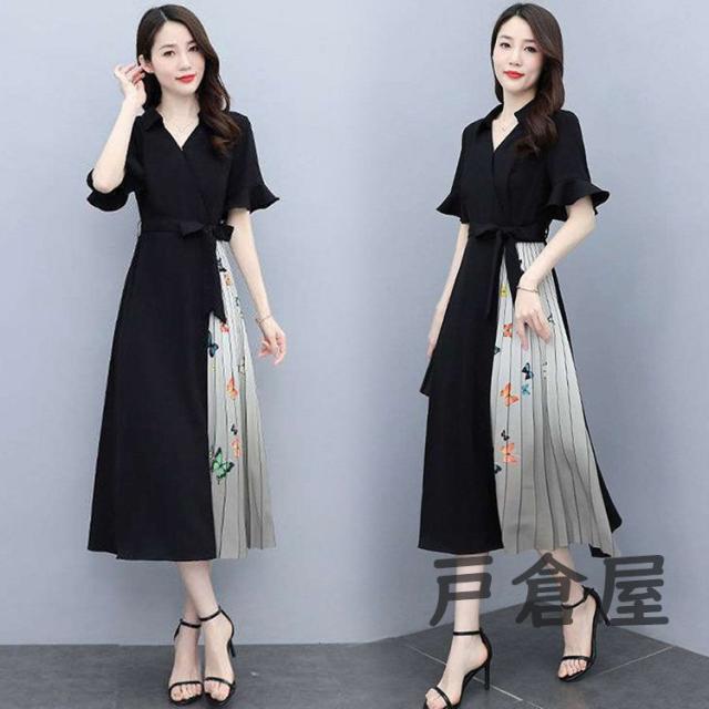 爆安プライス ワンピース レディース 40代 マキシワンピース 春夏新作 半袖ワンピース 黒 Vネック 蝶切り替え プリーツスカートオシャレ韓国風 通勤ol 今だけ限定価格 Design Tours Com
