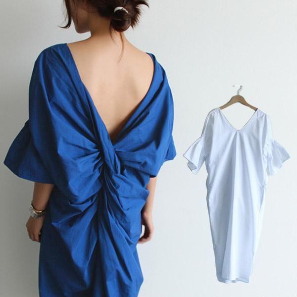 21春夏 背中 開き ワンピース バックツイスト ねじり 白 紺 即納 バックオープン 春 夏 ロング 半袖 リゾート 七分袖 綿 コットン ホワイト ブル 公式ストア Www Centrodeladultomayor Com Uy