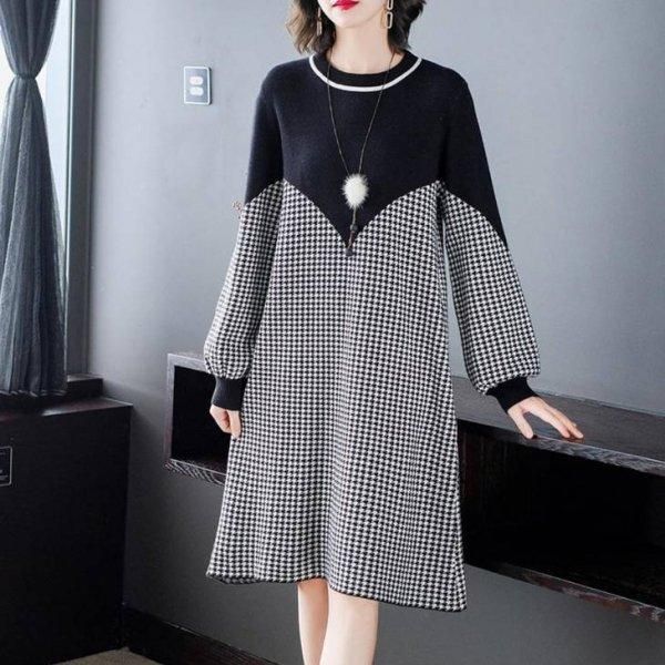 公式 ニットワンピース M L 2l 千鳥格子柄 黒 切替 長袖 ゆったり 通勤 パーティー オシャレ Szln 1866 30代 40代 50代 60代 レディース デ 送料無料 早い者勝ち Embol Com