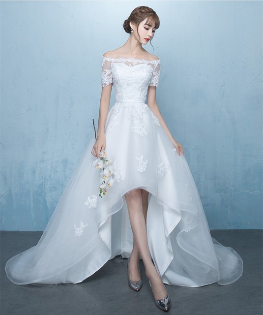高品質 ウェディングドレス ミニ丈ウェディングドレス パーティドレス オフショルダー トレーン 体型カバー 結婚式 宴会 撮影 H068の通販