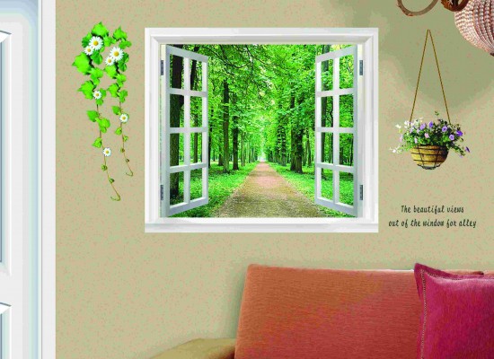 ウォールステッカー 窓 森林の風景 壁紙シール 鉢植えと花 緑の葉 癒される