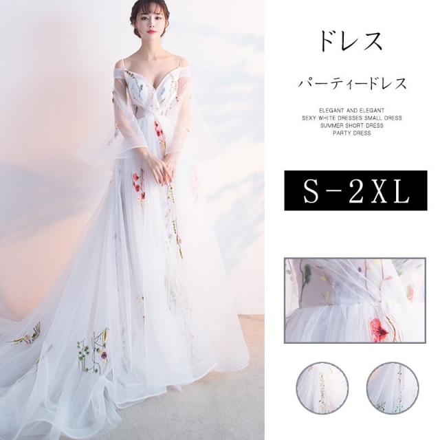 売り切れ必至 ロングドレス 演奏会 ウェディンドレス 結婚式 フォーマル トレーン 花嫁 パーティードレス 花柄刺繍 音楽会 Aライン 白 カラードレス 売れ筋 Vacationgetaways4less Com