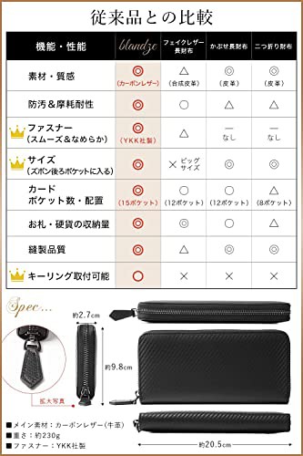 [ブランゼ] 財布 メンズ 長財布 カーボンレザー ラウンドファスナー YKK製 セパレート型 小銭入れ 牛革 ビジネス (ダークネイビー)の