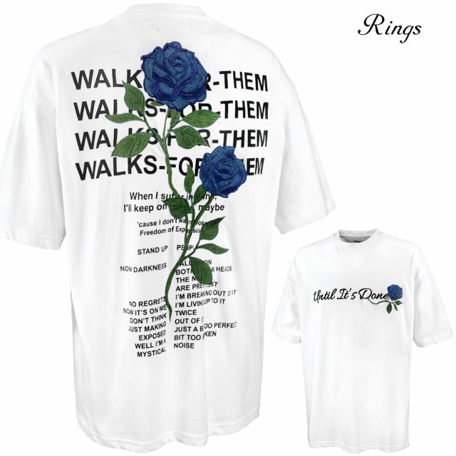 Tシャツ 半袖 クルーネック ローズ刺繍 バラ 薔薇 メンズ ルーズシルエット mens(ホワイト白ブルー青) 121608の通販はau