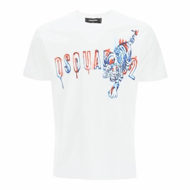 DSQUARED2 ディースクエアード Bianco Dsquared2 tiger doodle logo print t-shirt Tシャツ メンズ 春夏2022 S74GD0941 S23009 【関税・