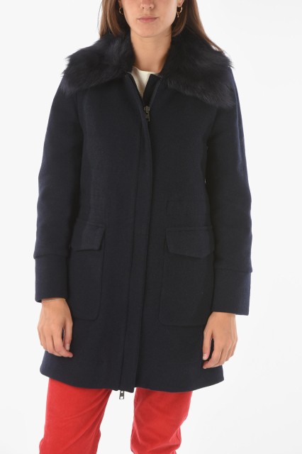 WOOLRICH ウールリッチ Midnight blue コート COWWTSC0051UT1815 3989 レディース SOLID COLOR HIDDEN CLOSURE COAT WITH REAL FUR DETAI