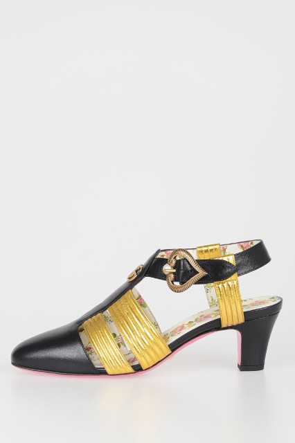 GUCCI グッチ Nero, Oro パンプス 497485CQXH01084 レディース LEATHER LOGOED SANDALS WITH HEART BUCKLE 5 CM 【関税・送料無料】【ラ