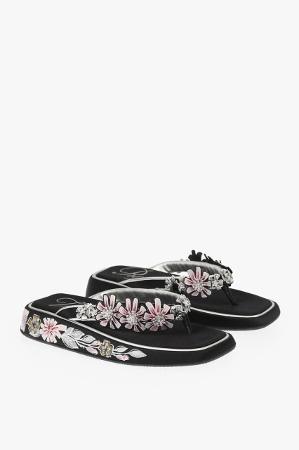 ROGER VIVIER ロジェ ヴィヴィエ Black フラットシューズ RVW60930850PXJ0353/ レディース SATIN THONG SLIDES WITH FLORAL EMBELLISHMEN