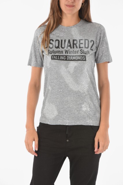 DSQUARED2 ディースクエアード Gray トップス S75GD0224 S22146 857M レディース RHINESTONE EMBELLISHMENT RENNY FIT T-SHIRT 【関税・