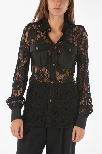 DSQUARED2 ディースクエアード Black シャツ S72DL0680 S54162 900 レディース MACRAME LACED SHIRT WITH DOUBLE BREAST POCKET 【関税・