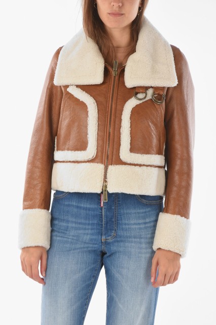 DSQUARED2 ディースクエアード Brown ジャケット S72AM0925 SY1565 137 レディース LEATHER JACKET WITH SHEARLING DETAILS 【関税・送料