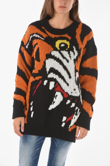 DSQUARED2 ディースクエアード Arancio, Nero ニットウェア S75HA1061 S17778 961 レディース ANIMAL PATTERNED CREW-NECK SWEATER 【関