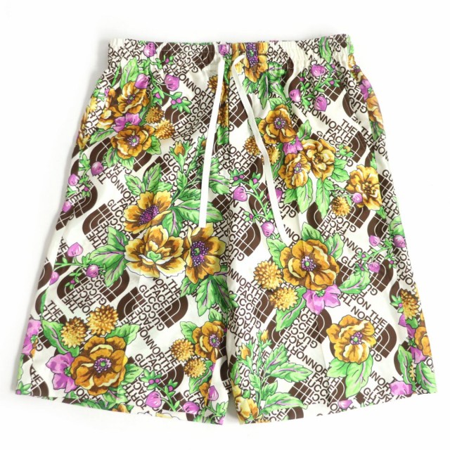 未使用□21SS グッチ×ザ ノースフェイス 654771 シルク100％ 総柄 FLORAL LOGO SHORTS ハーフパンツ マルチカラー 46 イタリア製 正規品