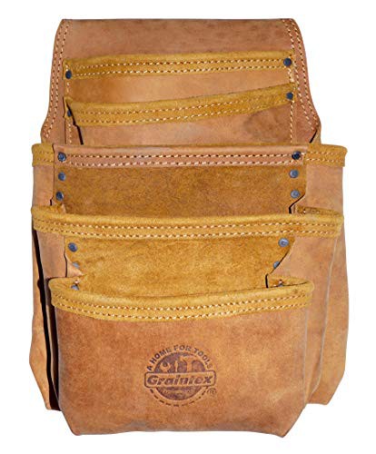 GRAINTEX OS2234 5 Pocket Nail  Tool Pouch Top Grain Oil Tanned Leather for Framers Constructors Electricians Plumbers Ha