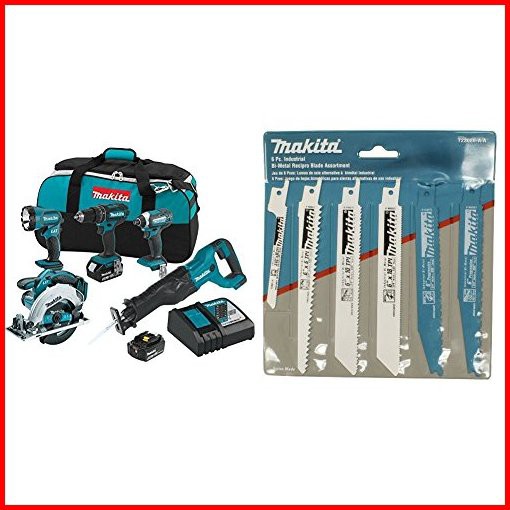 Makita XT505 18V LXT Lithium-Ion Cordless 5-Pc Combo Kit with 723086-A-A 6 Pc Recipro Saw Blade Assortment Pack並行輸