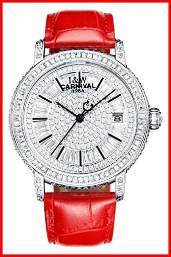 Women s Diamond Watch自動機械スワロフスキークリスタル本革ストラップスイスWatches レッド並