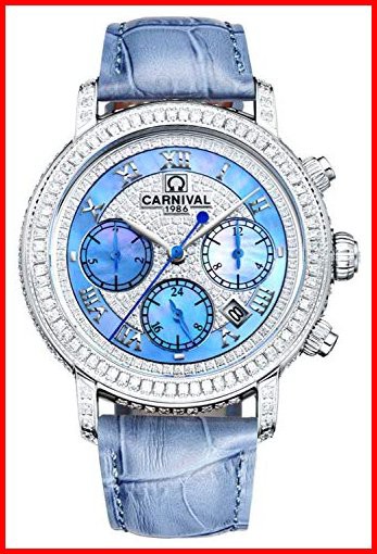 Women s Diamond Watch自動機械多機能ダイヤルと本革ストラップスイスWatches ブルー並行輸入品