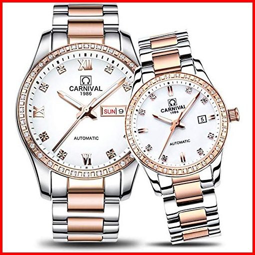 MASTOP Couple Watches Men and Women Automatic Mechanical Watch Fashion Chic for Her or His Set of 2 Rose Gold White並