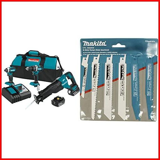 Makita XT328M 40 Ah 18V LXT Lithium-Ion Brushless Cordless Combo Kit 3 Piece 723086-A-A 6pc Recip Blade Assortment Pack