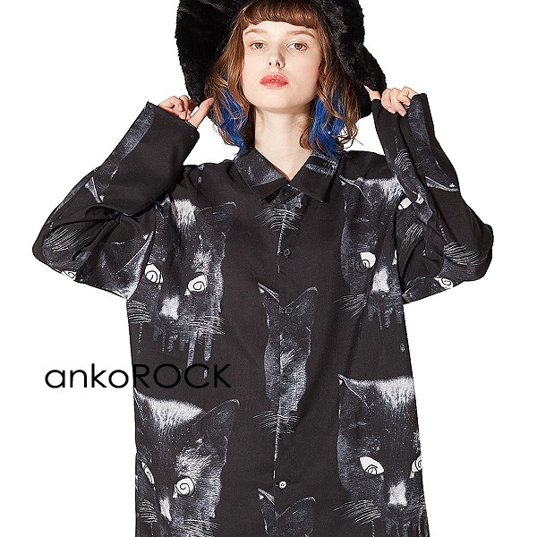 早割クーポン Ankorock アンコロック シャツ メンズ ブラウス レディース ユニセックス 服 ブランド 長袖 ロング丈 総柄 プリント 黒猫 ネコ ねこ 柄シ 売れ筋 Www Centrodeladultomayor Com Uy