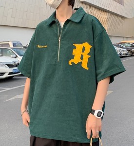 ハーフジップトップス3色ロゴ半袖カットソーTシャツシンプルポロシャツジップアップ緑黒ブラックブラウンダンス衣装ヒップホップHIPHOPレ