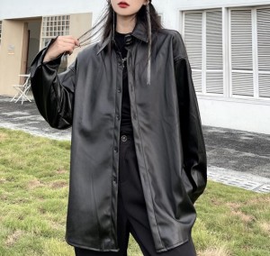 フェイクレザーブラウスシャツトップスカットソー長袖黒ブラック無地シンプル大きいサイズビッグジャケットアウターダンス衣装ヒップホッ