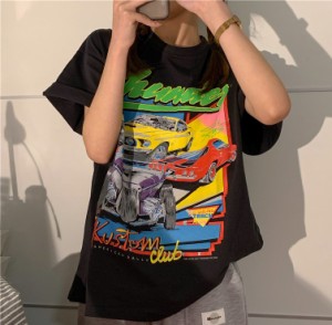 ロゴカラフルTシャツ2色半袖トップスカットソー車スポーツカー黒ブラック白ホワイトダンス衣装ヒップホップHIPHOPレディースメンズガール