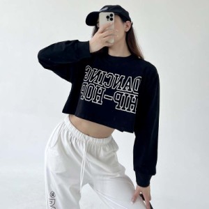 Tシャツ カットソー 長袖 ショート丈 切り替え 体型カバー LOGO ロゴ 英字 HIPHOP ヒップホップ 大きいサイズあり 原宿系ファッション 韓