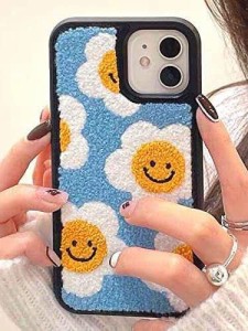 saymi iPhoneケース 韓国 にこちゃん 花 もこもこ ふわふわ スマイル スマイリー フラワー 可愛い iphoneカバー 携帯ケース 携帯