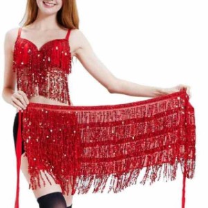 COMVIP ベリーダンス スカーフ フリンジニスカート ダンサー衣装 女性のダンスハーフドレス ダンスヒップスカー キラキラ レッド