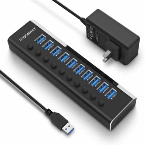 USB3.0ハブ 電源付き ROSONWAY 10ポート USBハブ アルミ製で アップ 5Gbps高速転送 セルフパワー USB拡張 独立スイッチ付 12V/3A ACアダ