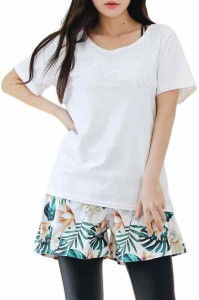 [COTARON] 水着 レディース 体型カバー ヨガ水着 タンキニ オーバーTシャツ ショートパンツ レギンス ４点セット (L, 1ホワイト×フラワ