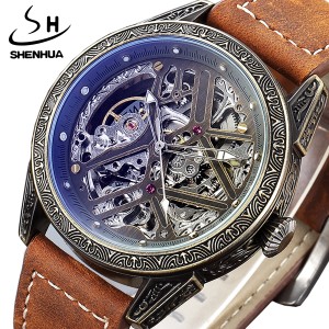 SHENHUA-装飾青反射ガラスオート発光防水本革ストラップ付きマシン式時計