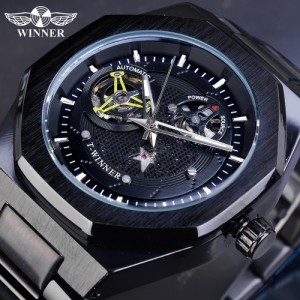 WINNER スケルトンダイヤルデザイン 高級メンズファッション腕時計 ブラックステンレス 発光手防水スポーツ腕時計