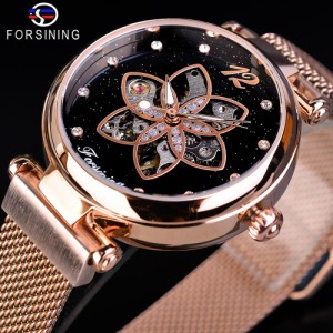 FORSINING-女性用マシン式時計高級ジュエリーダイヤモンドピンクゴールドメッシュフラワーダイヤル2019