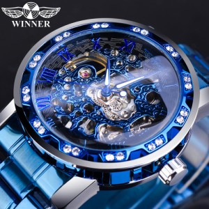 WINNER-メンズマシン式時計ステンレススチール発光ダイヤモンドデザインブルースケルトン男性